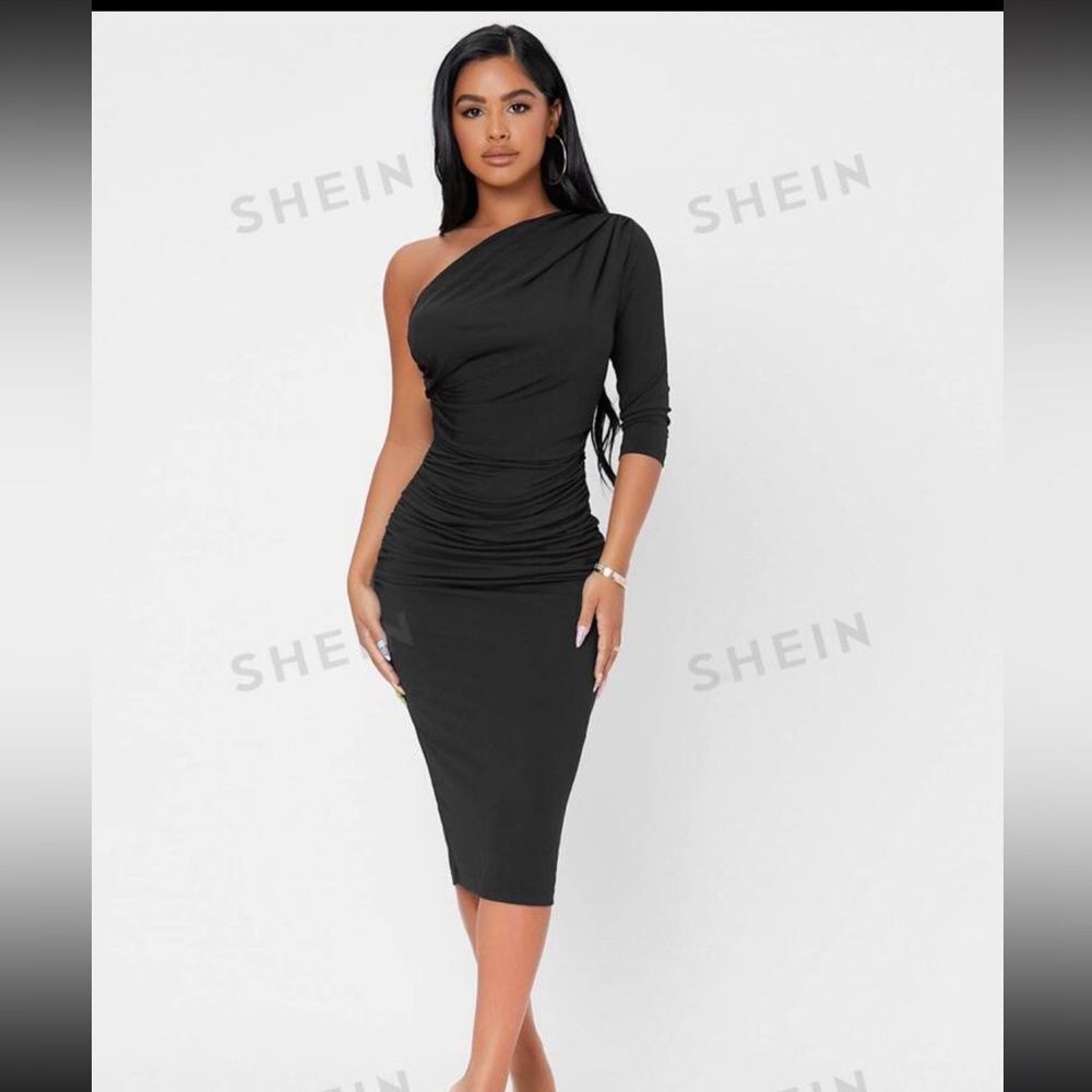 SHEIN PETITE Solid One Shoulder Ruched Bodycon Dress